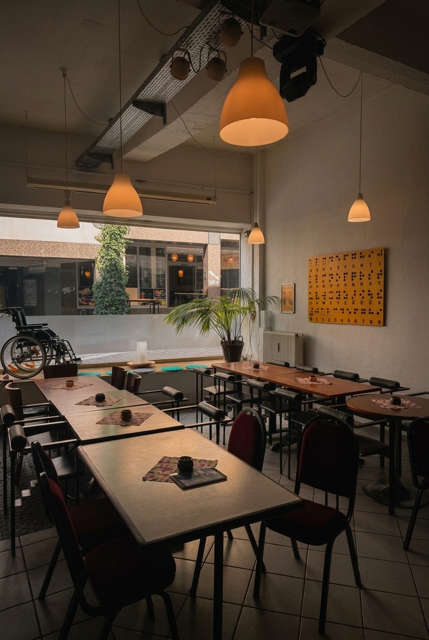 Leerer Gastraum mit gedeckten Tischen im Dunkelcafé Siegen